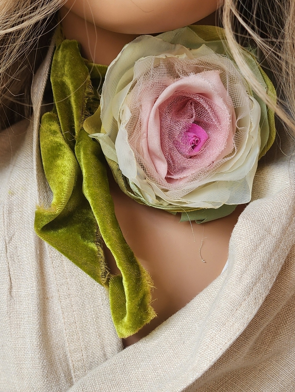 Rose Jabot Concept Avangard Tie  Cottage Green Vintage Velvet Cameo Flower Pin